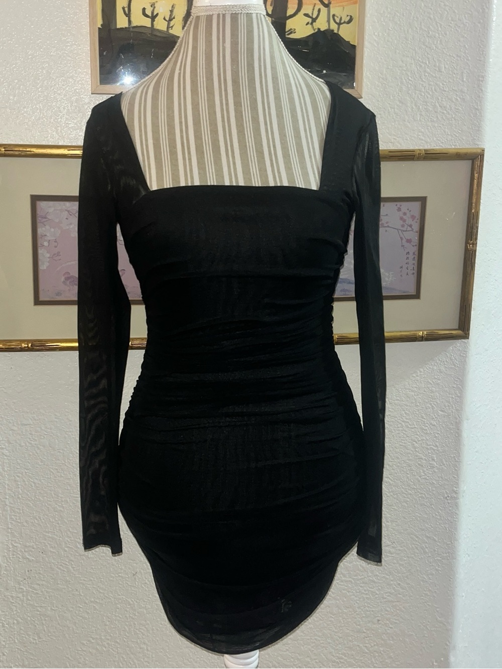 Windsor Black Ruched Mesh Long Sleeve Bodycon Mini Dress XS Square Neck